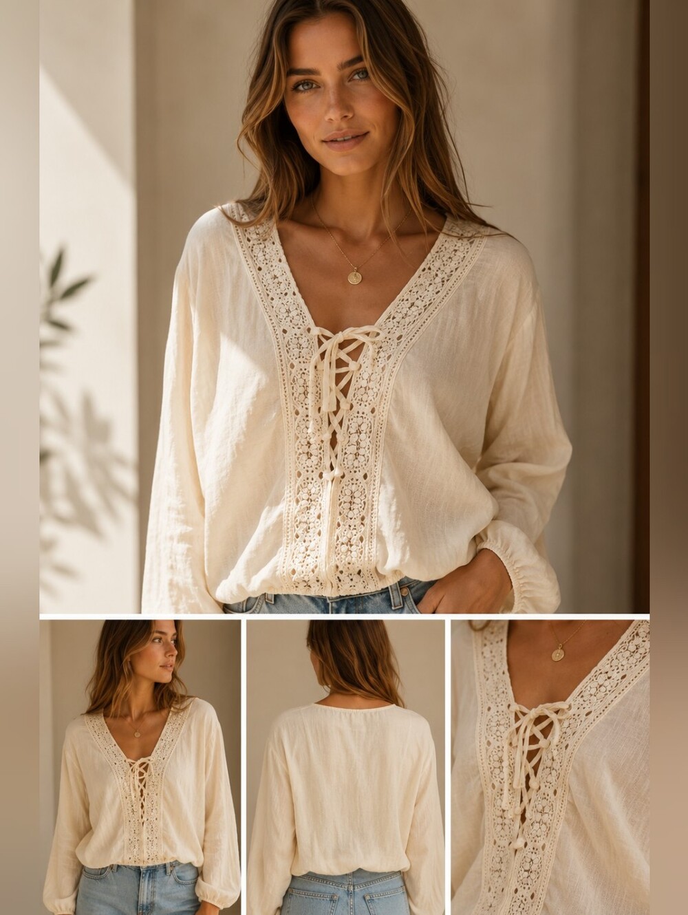 Boho Ivory Lace-Up Crochet Trim Peasant Blouse | Victorian Cottagecore | NWT